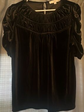 LOFT Black Velvet Short Sleeve Yoked Blouse